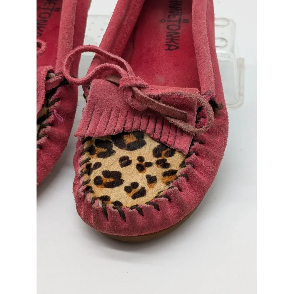 Minnetonka Girls Moccasins Size 1 Pink Suede Leopard Print Fringe Shoes